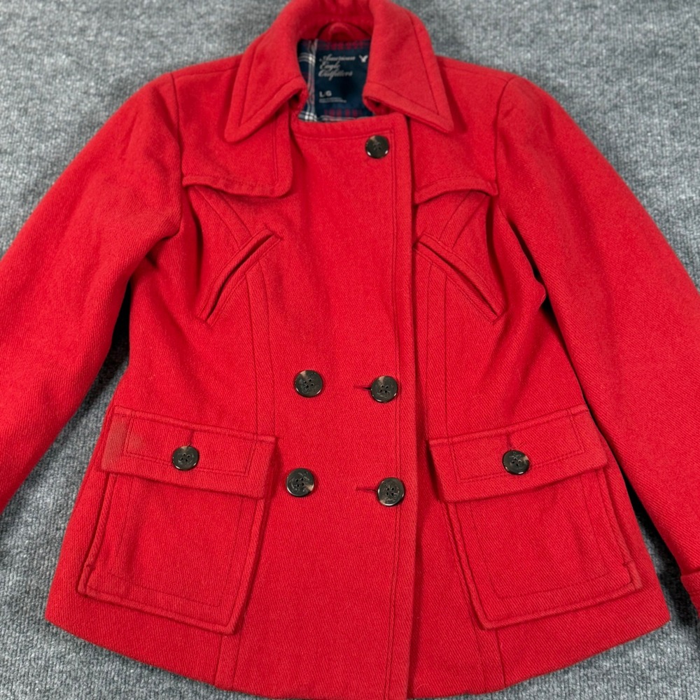 Retro Y2K American Eagle AE Large Red Plaid Lined Wool Blend Pea‎ Coat Jacket